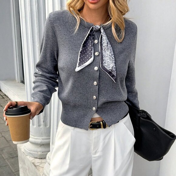 Grey Casual Women's Scarf detailed button down knit Sweater - Picture 4 of 8